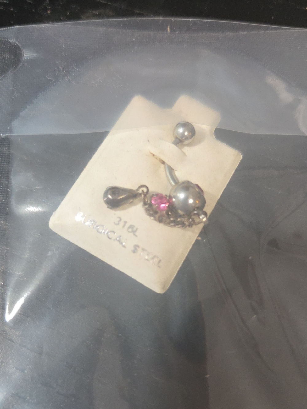 Stainless Steel Pink Gem Dangle Belly Ring 316 L